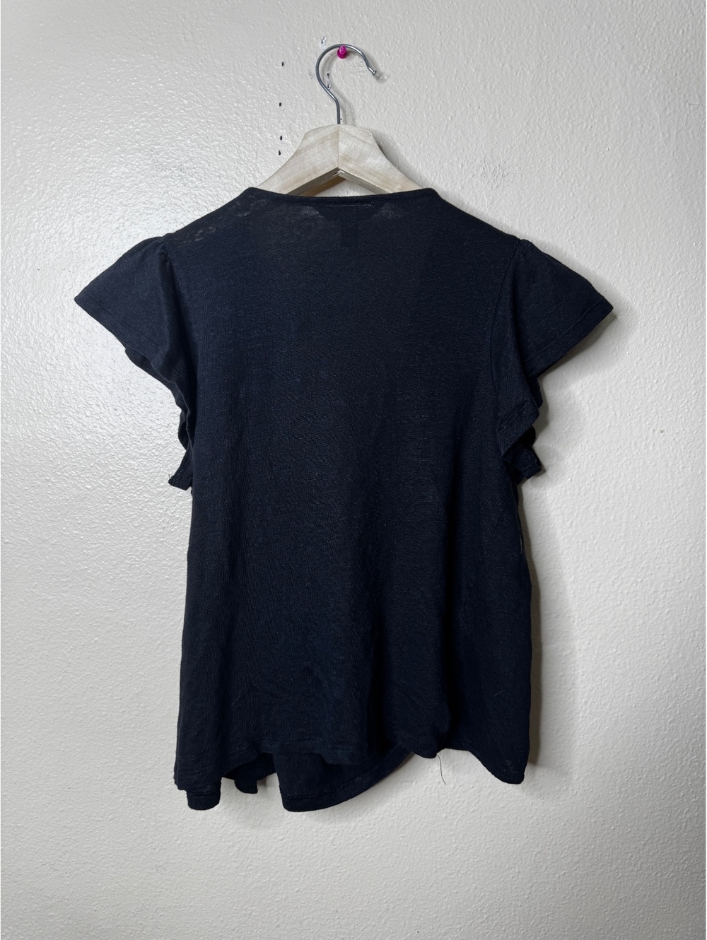 Banana Republic Linen Wrap Top Womens Medium Black Flutter Sleeve Ring Detail - Picture 8 of 8